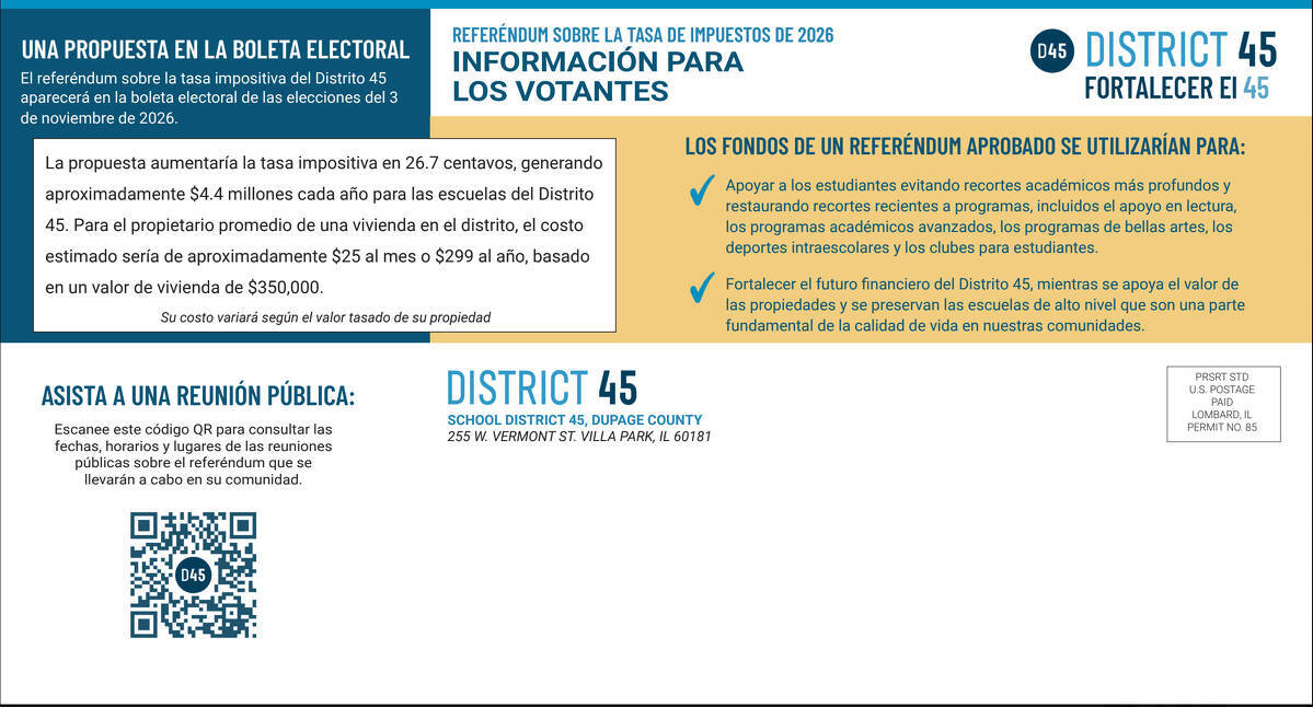 Informational postcard in Spanish about District 45s 2026 tax referendum, explaining proposed funding uses for schools, meeting details, and contact information. Blue, yellow, and white layout with bold headers.