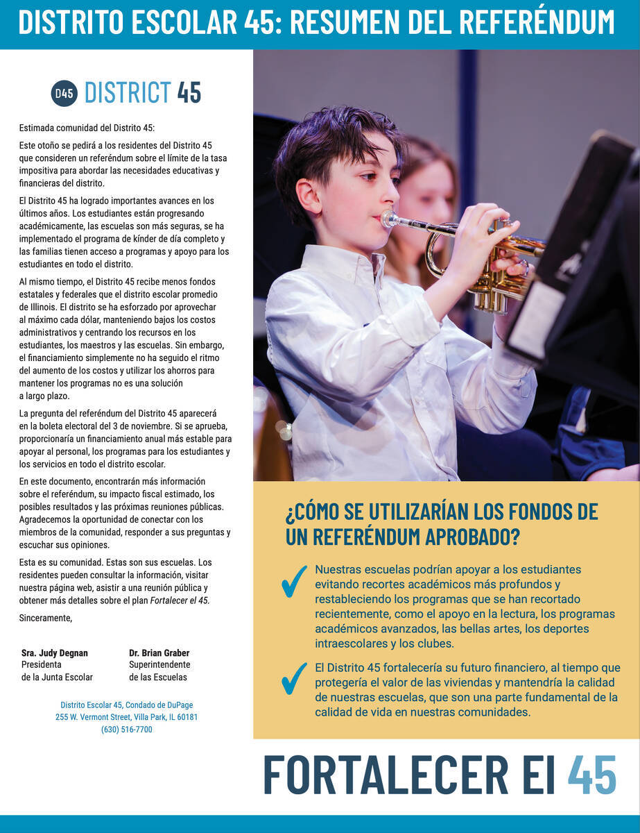 A student plays a trumpet in a school band. The page provides an overview of District 45s referendum, outlining proposed uses for additional funds, including facility upgrades and maintaining class sizes.