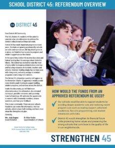 A student plays a trumpet in a school band. The page provides an overview of District 45s referendum, outlining proposed uses for additional funds, including facility upgrades and maintaining class sizes.