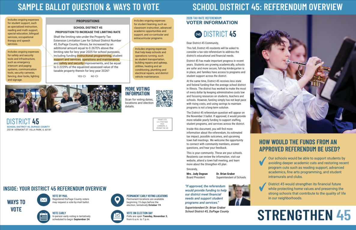 A student plays a trumpet in a school band. The page provides an overview of District 45s referendum, outlining proposed uses for additional funds, including facility upgrades and maintaining class sizes.