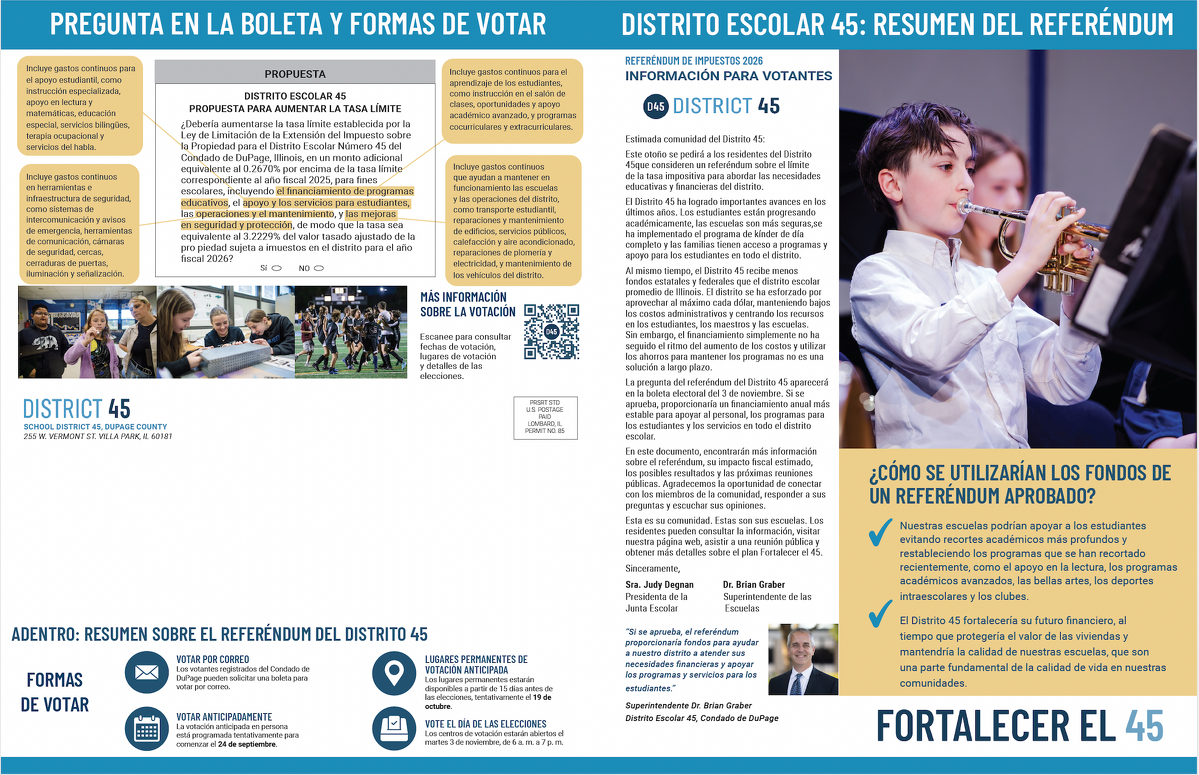 A student plays a trumpet in a school band. The page provides an overview of District 45s referendum, outlining proposed uses for additional funds, including facility upgrades and maintaining class sizes.