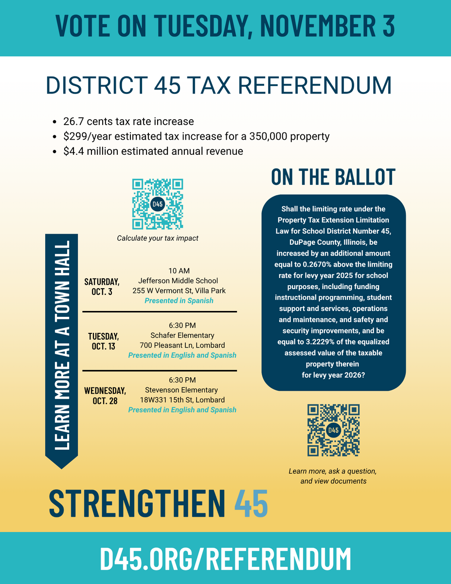 Informational flyer for the District 45 tax referendum on November 3, including details on tax increases, town hall meeting dates, locations, and the official ballot language.