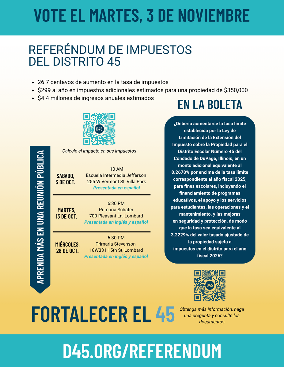Informational flyer for the District 45 tax referendum on November 3, including details on tax increases, town hall meeting dates, locations, and the official ballot language.